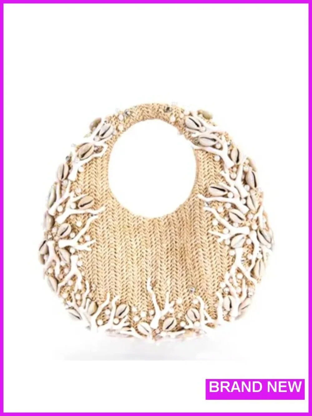 Shell Beaded Straw Clutch Purse Handwoven Evening Bag